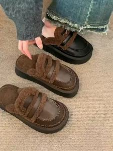 [Free Shipping] Thick-soled womens outdoor slippers 2026 new spring/summer style fleece-lined snow boots closed-toe half slippers cotton slippers