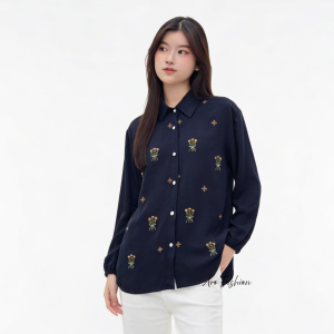 Aespa Atasan Kemeja Wanita Casual Rayon Twill Bordir Bunga