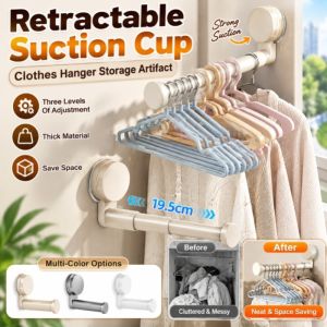Retractable Suction Cup Hanger Space Saving Clothes Hanger Foldable Wall Mounted Clothes Organizer Laundry Storage Hook Bathroom Kitchen Drying Rack