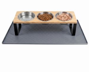 3 Bowls Elevated Cat Feeder 15 ° Tilted Bamboo Iron Stand Stainless SteelFood Water Bowls Waterproof Anti-slip Silicone Feeding Mat for Kittens Puppies2026
