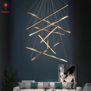 Black Stair Chandelier Modern LED Ceiling Long Line Lamp For Hall Living Duplex Pendant Light Indoor Fixture