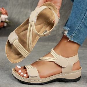 Free Shipping 2026 Summer New Collection: Sewn-Threaded Wedge Sandals Casual Velcro Closure Elastic Band Plus-Size Sandals