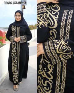 abaya gamis hitam bordir dania kaligrafi terlaris bahan jetblack saudi