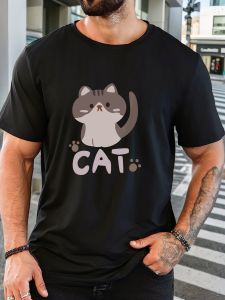 Mens 100% Cotton Printed T-Shirt Cat Pattern Summer Casual Oversized Round Neck Short Sleeve Comfortable Daily Wear Tee