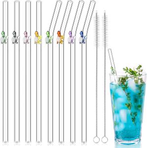 8 Pcs Reusable Glass Straws Shatter Resistant Straws with Design Colorful Cute 8 Bend Drinking Glass Suction Tubes for Cocktail Coffee Juice Beverage with 2 Cleaning Brushes (Turtle)