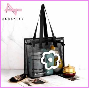 SERENITY 1PCS Clear Beach Tote Bag Fashion with Zipper Flower Cartoon Transparent Bag Nylon Mesh Wash Bag Woman