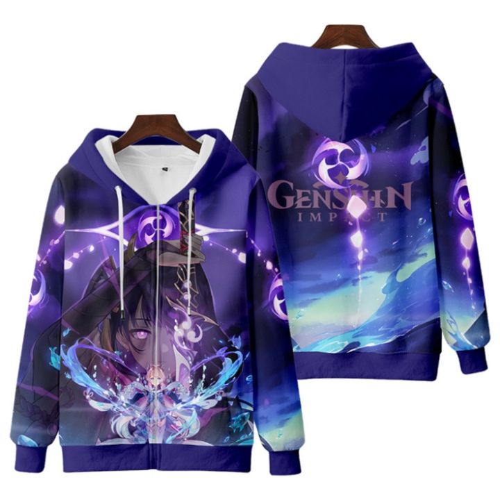 New Anime Genshin Impact Raiden Shogun Baal Zipper Hoodie Japanese Mens Fashion Womens Loose 