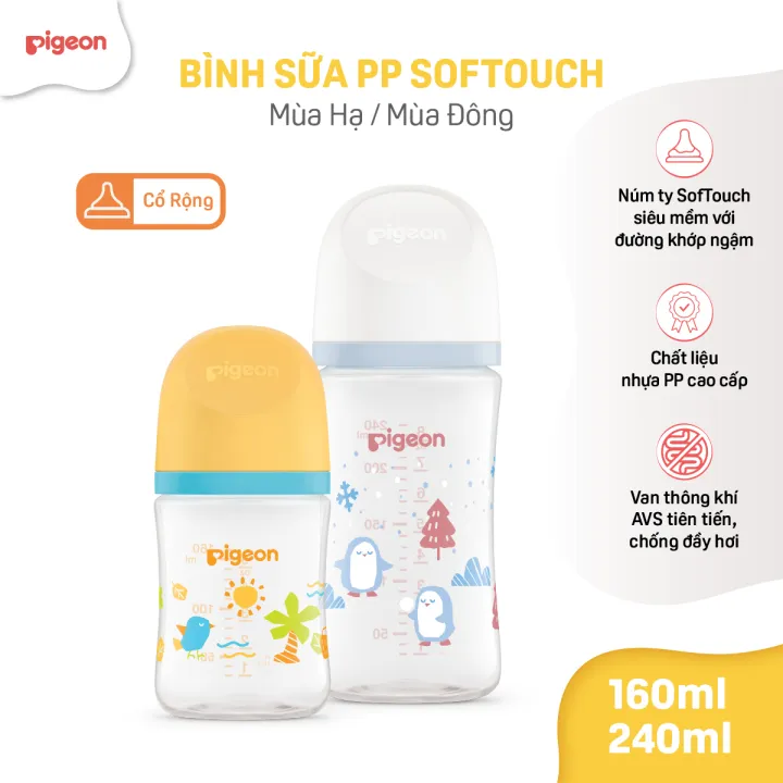 Bình sữa chống đầy hơi Pigeon cổ rộng cho bé sơ sinh núm ti siêu mềm chống sặc cho trẻ 160ml/240ml/330ml chính hãng