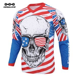 KEMALOCE 2023 MTB Jersey Men Long Sleeve Mountain Bike Jersey White Skull Quick Dry Summer Bicycle Downhill Shirts