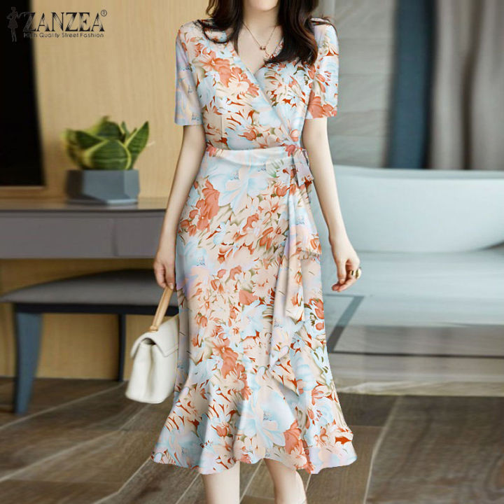 ZANZEA Korean Style Womens Simple Printed Sundress Elegant Short Sleeve  Wrap Dresses #11