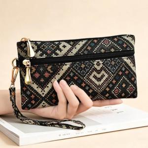 Bohemian Ethnic Pattern Canvas Wristlet Wallet Multi Zipper Pocket Coin Purse Portable Women Hand Clutch Bag