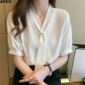 AFEG solid color new Korean version of V-neck streamer fashion loose chiffon short-sleeved blouse for women