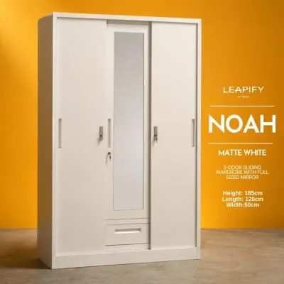 NOAH | Full Steel 3-DOOR Sliding Wardrobe with Full Mirror & Granite Pattern Doors by Leapify Steel