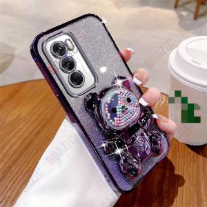 ROAZIC Cute Candy Bear Bracket For OPPO Reno 12 5G Luxury Glitter Paper Shell Transparent Plated Protection Back Cover DS05