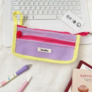 MIRACLE HOME STORE Nylon Mesh Pencil Case Double Layer Retro Color Transparent Pencil Bag Casual Large Capacity Zipper Stationery Bag Student