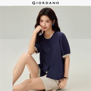 Giordano Women Lace trim short sleeve denim-like blouse Free Shipping 18346222
