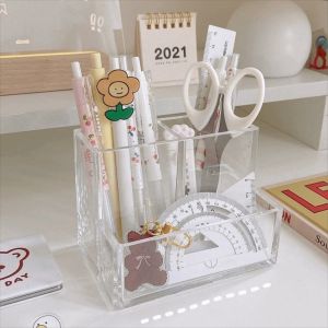 OPEAREY Hình vuông Hộp đựng bút mica Trong suốt Ba ô Giá bút chì Sức chứa lớn Túi để bàn Trường học