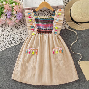 Bear Leader 3 to 7 Years Girl Floral Patchwork Imitation Crochet Print Dress With Tassel Decoration And Ruffled Hem Baby Kids Clothing 2024 New Casual Wear