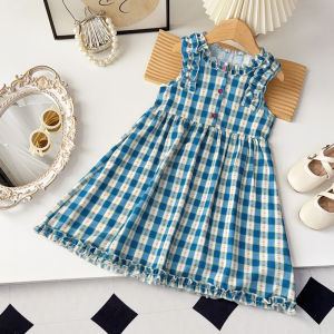 Menoea Baby Clothes for Girls Aged 2 To 7 Summer New Princess Dress Plaid Printed Sleeveless Lace Dress Holiday Party Outfit