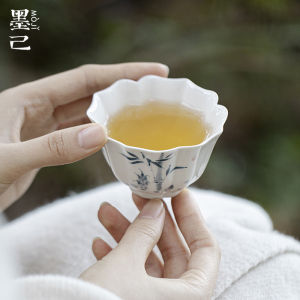 墨己草木灰手绘竹子棱花茶杯功夫茶具陶瓷文人品茗杯斑竹枝主人杯