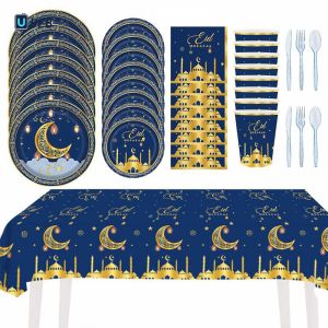 Ueblock✈ Ramadan Eid Mubarak Party Tableware Set Include Dinner Plates Cups Napkins Tablecloth Ramadan Eid Mubarak Party Supplies for Table Decorations