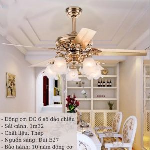 Quạt trần đèn chùm-Quạt trần cho phòng khách phong cách tân cổ điển-động cơ DC lõi đồng 6 số-đảo chiều hút ẩm kèm điều khiển tiện lợi