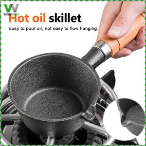 Non Stick Butter Melt Pot with Pour Spout Hot Oil Pan Wooden Handle Cast Iron Skillet for Kitchen Induction