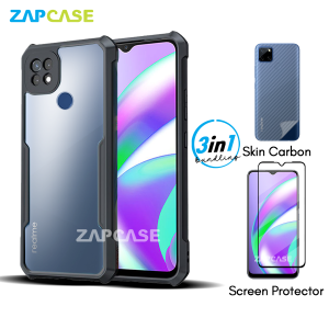 3in1 Case Realme C12 Armor Fushion Casing Free Tempered Glass Dan Skin Carbon