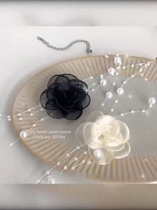 Rantai Leher Camellia Pearl Tie Necklace Elegant Clavicle Chain Chic Minimalist Fashion Jewelry