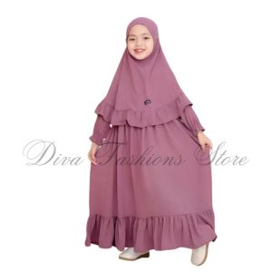 GAMIS ANAK POLOS REMPEL SET HIJAB - GAMIS ANAK SYARI SET HIJAB - GAMIS ANAK USIA 3-5 TAHUN