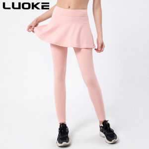 Luoke Yoga Sports Womens Pants Fake Two Piece Skirt Pants Hip Rise Ruffles Tight New Yoga Pants