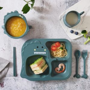 6 Pcs Baby Eco-friendly Dinnerware Cute Dinosaur Cutlery Plate Bowl Cup Fork Spoon Children Feeding Tableware Set