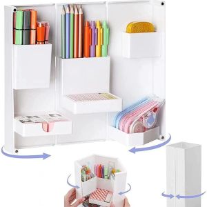 EQUOMT ABS Foldable Pen Holder ic Detachable Compartment Cosmetics Storage Box Durable Space Saving Standing Stationery Box Home