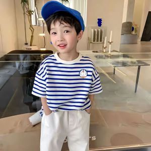 Children King Tshirt for Kids Boys Girls Stripe Blue Teenage Summer Short Sleeve Cotton Clothes Korean Style Fashion Casual Sport Top Teen Baby Jersey Handsome Boy Girl baju melayu budak lelaki