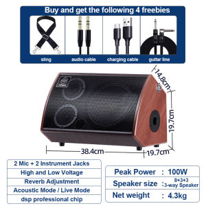Wooden cabinet high-power 100W rechargeable Bluetooth speaker for singing and musical instruments guitar audio with reverberation suitable for live streaming monitoring multi-port connectivity roadshows and outdoor performances.