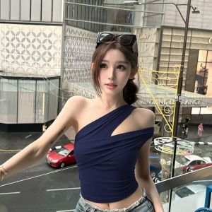 Áo Lệch Vai Nữ Màu Xanh Dáng Ôm Thiết Kế Bất Đối Xứng Phong Cách Hàn Quốc Mùa Hè