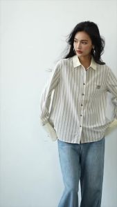 Ammin phong cách Hàn Quốc lỏng kết cấu tất cả phù hợp tay dài vải bông nguyên chất của phụ nữ màu tương phản áo sọc 2024 thời trang khí chất thoải mái đi làm tất cả phù hợp với áo kẻ sọc