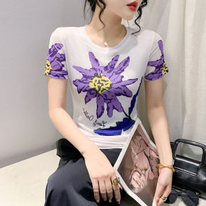 Yimei 2024 Áo thun lưới cổ tròn in định vị ngắn tay Mới Mùa Xuân xu hướng áo sơ mi mặc trong ôm vừa thời trang nữ