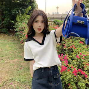 K.STORE V neck Collar Korean Style Slim Women Shirts Plain Contrast Cotton Spandex Tee Crop Tops 9920