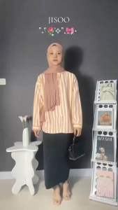 LEONNA Ji-Soo Kemeja Katun Salur Wanita Atasan Lengan Panjang Kemeja Kantor