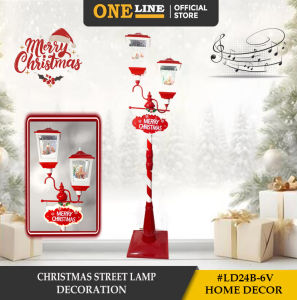 ONELINE #LD24B-6V double-headed red and white Christmas lamppost decoration featuring a "Merry Christmas" sign and dual animated snow-globe lanterns