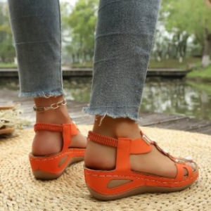 Free Shipping 2026 New Metal Buckle Wedge Roman Sandals Open Toe Soft Sole Elastic Back Strap WomenS Shoes