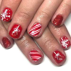 Holiday Glitters Press On Nail Pack of 24 Red Snowflake Art Short Square Tips Safe ABS Build for Christmas Celebration