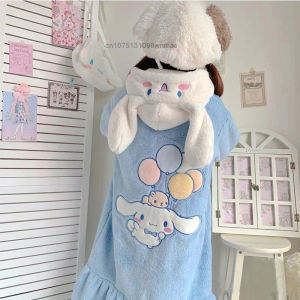 Cute Sanrio Cinnamoroll Plush Cotton Pajamas Set Y2K Embroidery Cartoon Womens Winter Blue Thickened Fleece Nightgown Home Robe