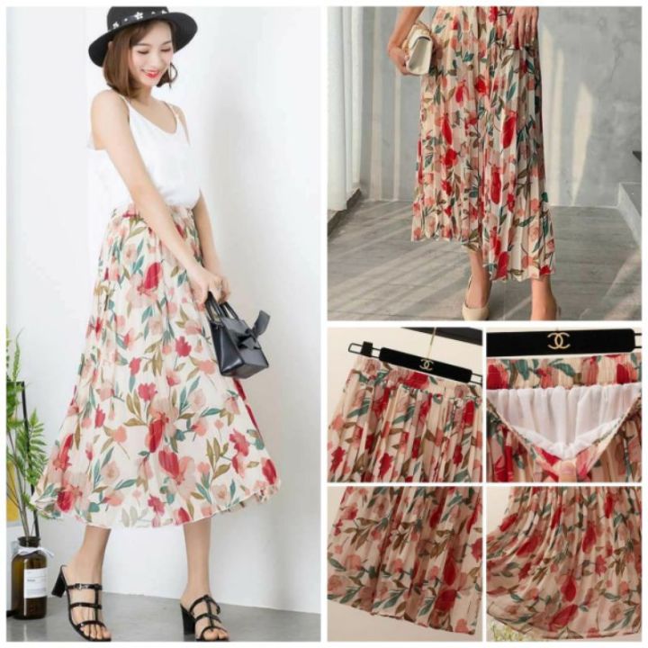 ROK PLISKET ROK ALA KOREA LIPIT ROK MIDI MOTIF BUNGA ROK