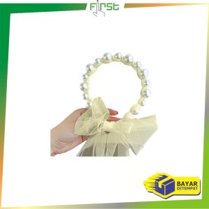 FH-C935 Bandana Mutiara Pita Tulle Panjang Bisa diikat Wanita Korea / Bando Mutiara Tali Kepang Ribbon Pearl / Bando Anak Perempuan / Bando Tali Kepang Import
