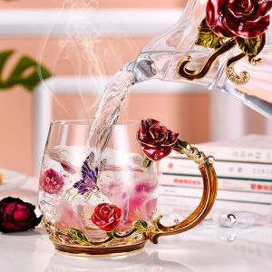 Rose Butterfly Tea CupShort Tall Glass Decorated Tea Cup Healthy (400ml)