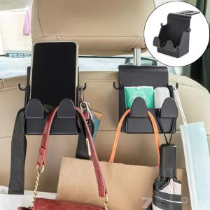 Car Back Seat Double Hook Hanger With Storage Box Organizer Dual Phone Stand Mount Holder Rear Headrest Hanger