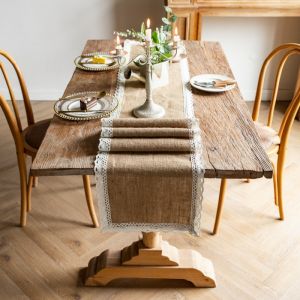 Linen Table Runner Waterproof Wear-Resistant White Lace Edge Desktop Decoration Rustic Style Household Dining Table Runner