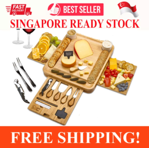 MAGNETIC DRAWERS BAMBOO CHARCUTERIE CUTLERY KNIFE SET CHEESE BOARD 2 CERAMIC BOWLS 2 SERVING PLATES 2 SERVER FORKS WINE OPENER LABEL MARKER GIFT for BIRTHDAYS GIFT HOUSEWARMING